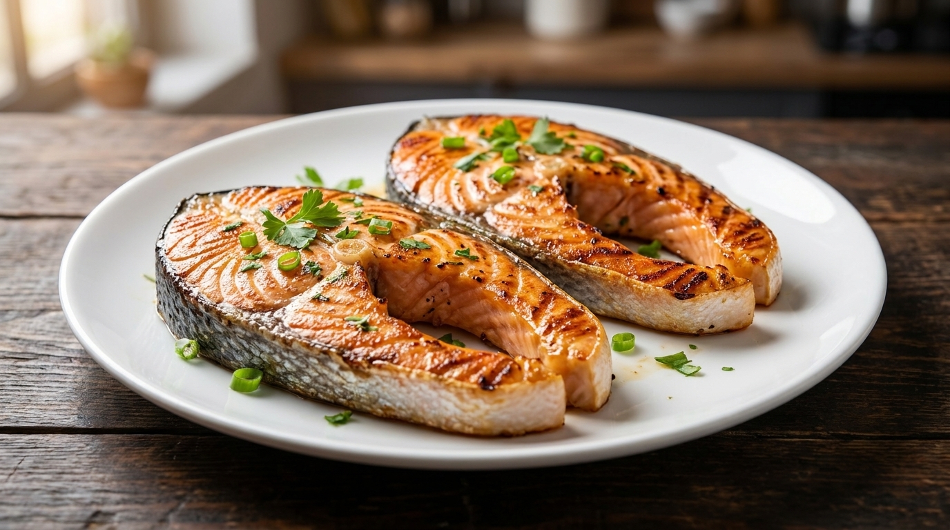 Two perfectly grilled salmon steaks served on a white plate, garnished with chopped green onions and herbs.