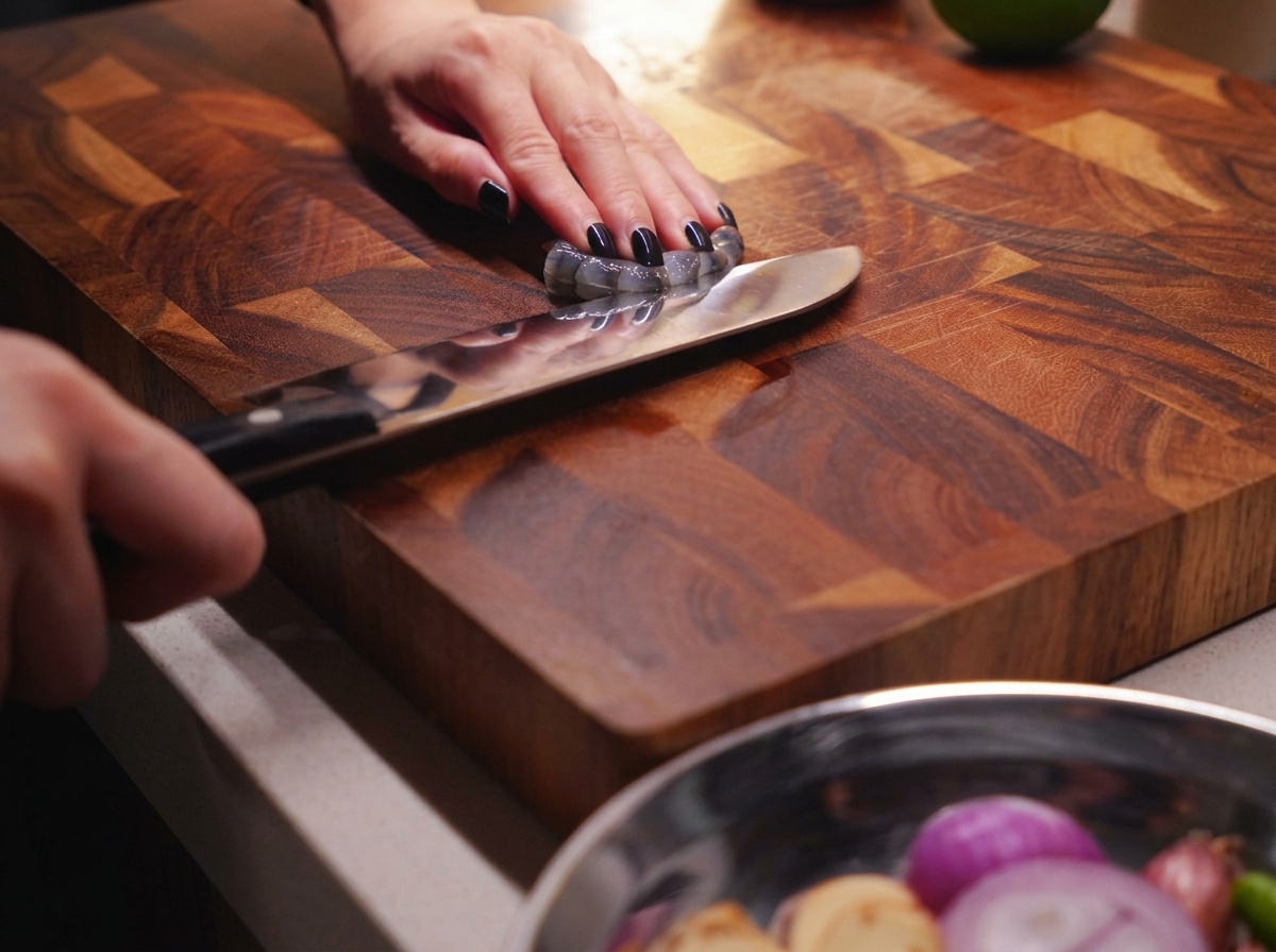 Raw prawns being carefully peeled and deveined with a knife on a wooden cutting board.