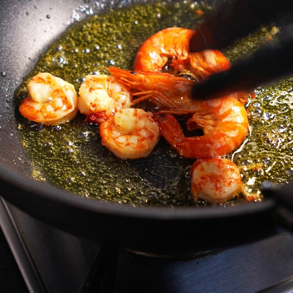 Fresh prawns being fried in a hot pan with olive oil until they turn bright pink.