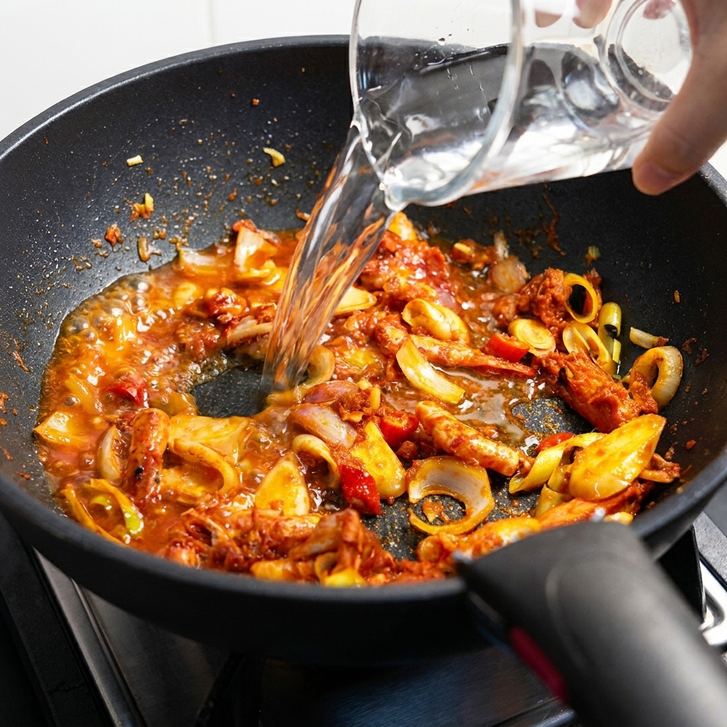 Clear water being poured from a glass measuring cup into a pan filled with aromatics and prawn shells.