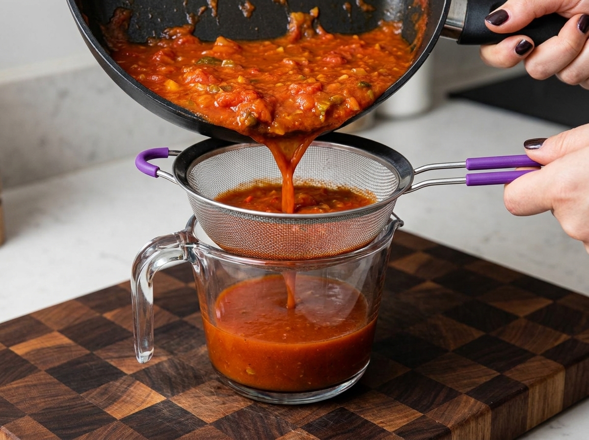 Hot red soup base being poured from a pan through a metal strainer into a clear measuring pitcher.