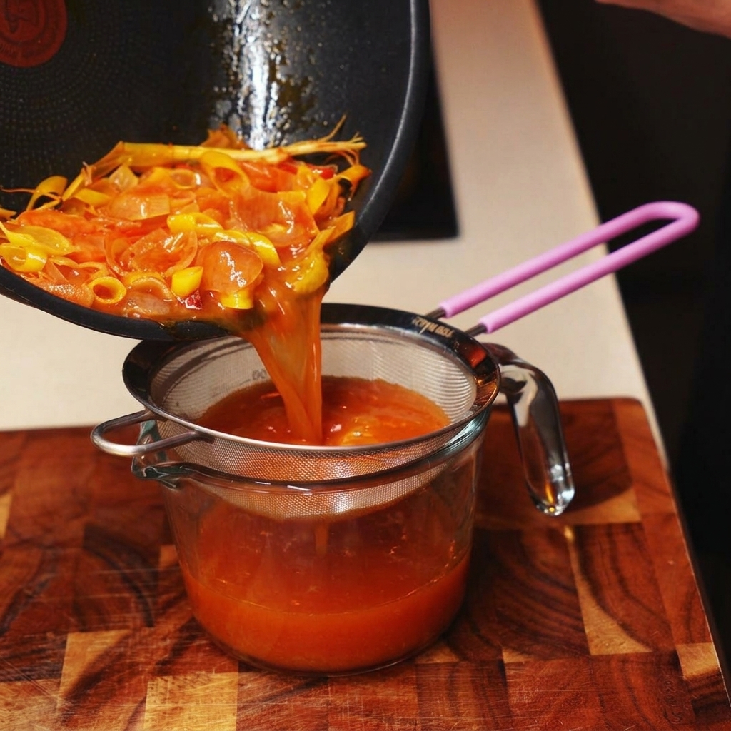 Diced red tomatoes and mushrooms being poured into a pan filled with aromatic broth.