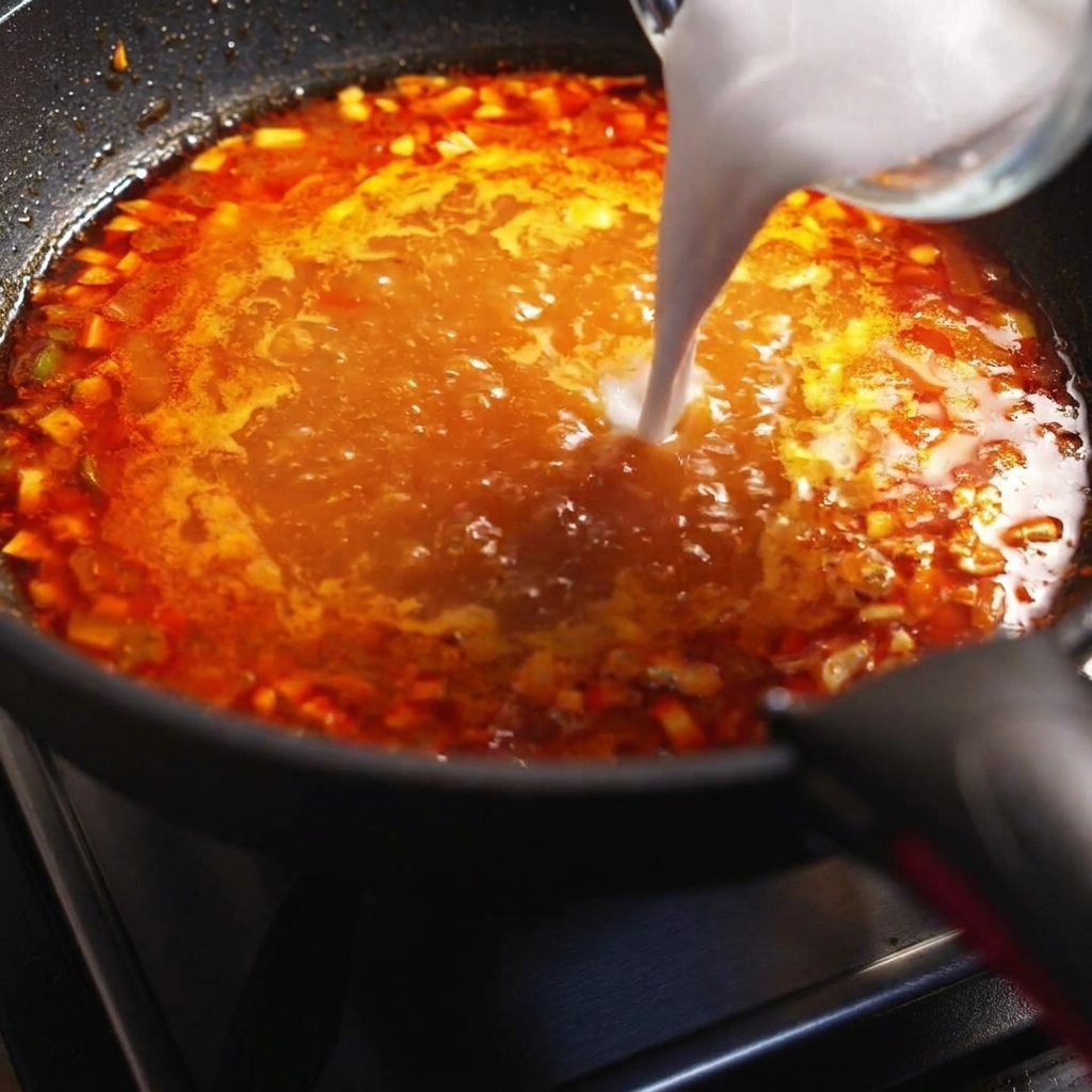 Coconut milk being poured from a glass cup into a bubbling pot of orange soup.