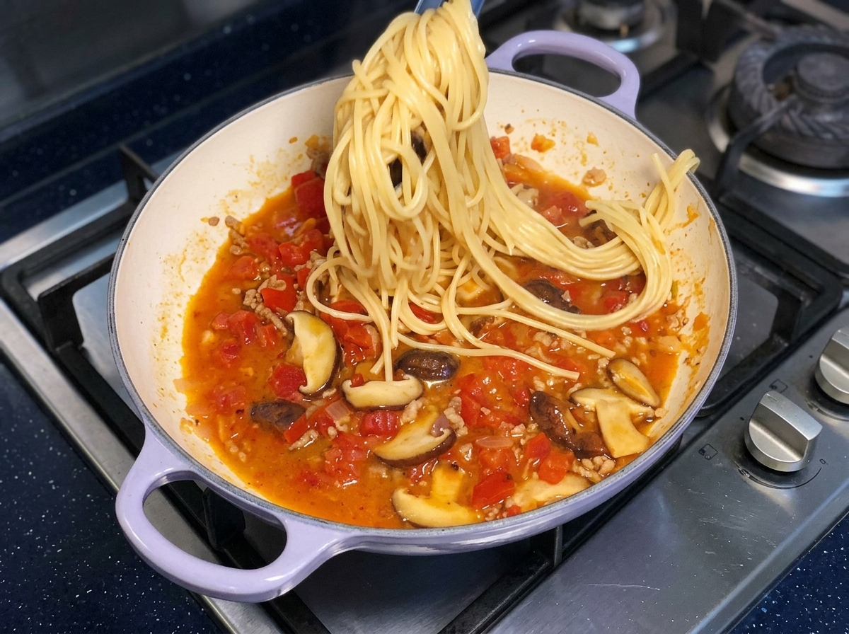 Tongs lifting a portion of cooked spaghetti noodles high above a pan filled with bubbling red tomato sauce.
