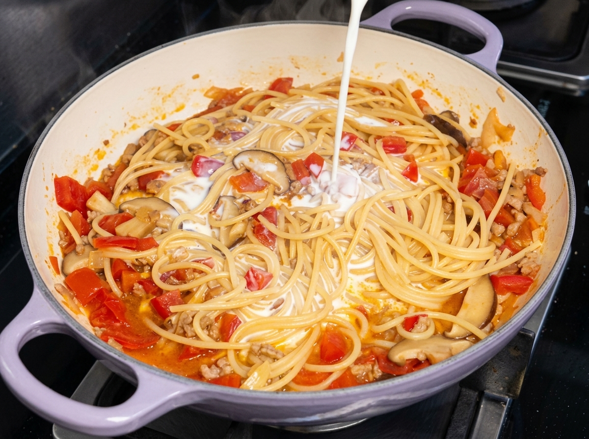 A stream of white milk or cream being poured into the center of a pan filled with cooked spaghetti and tomato sauce.