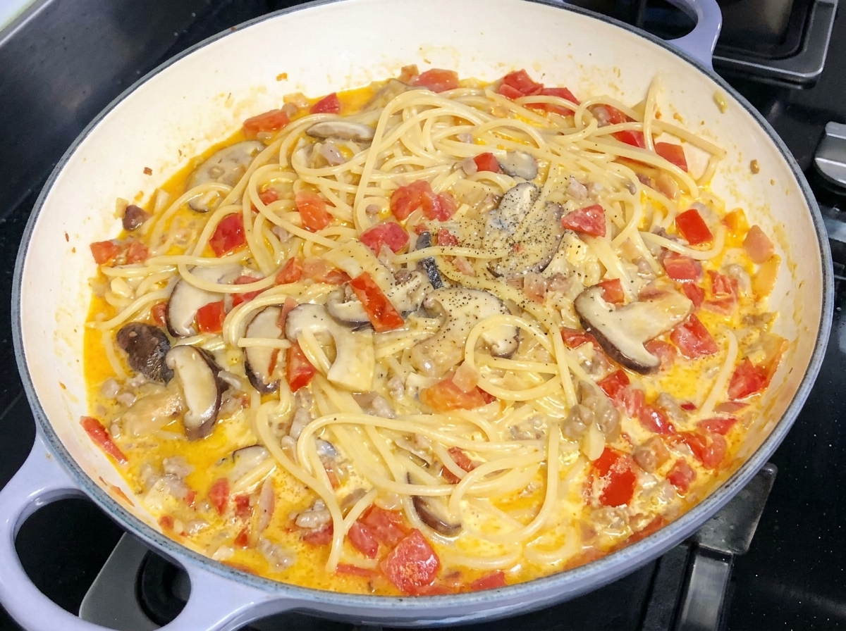 Creamy spaghetti tossed with tomatoes and mushrooms in a pan, sprinkled with freshly ground black pepper.