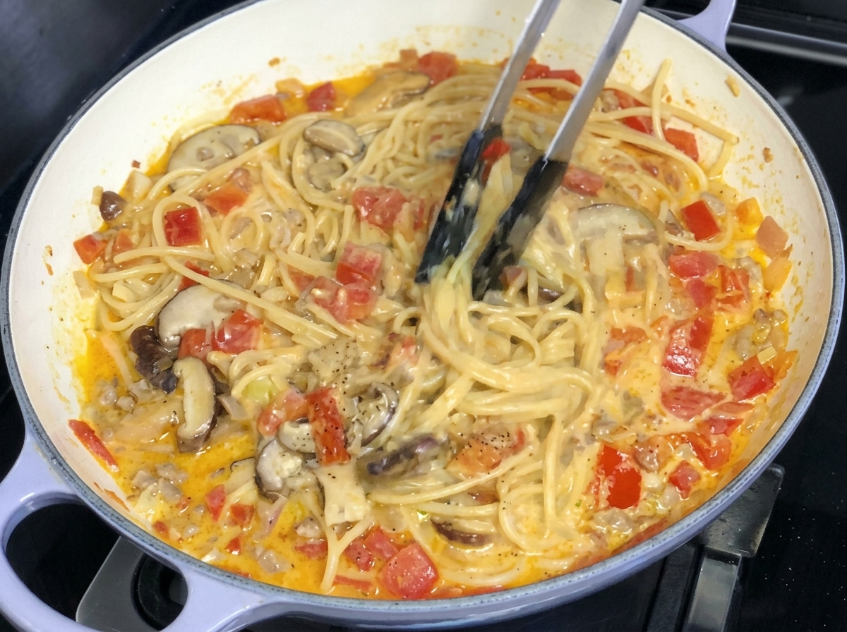 Hard cheese being freshly grated over the top of the pasta dish with tongs visible.