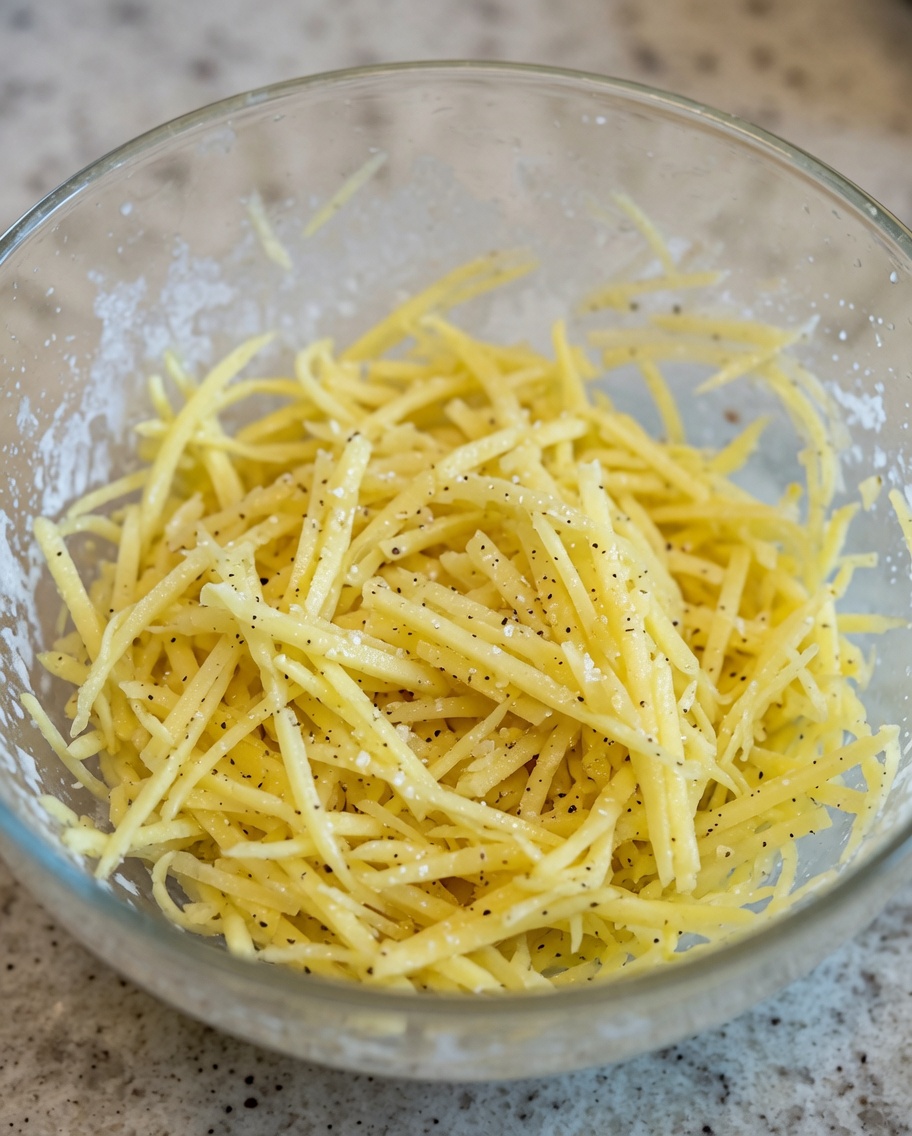 Seasoned shredded potatoes in a clear glass bowl lightly coated with a pinch of flour.