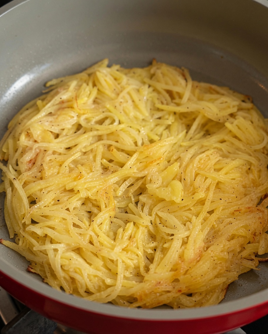 A round shredded potato pancake cooking in a pan, browning around its shaped edges.