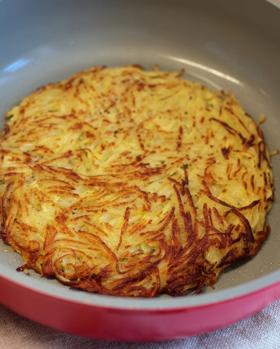 A round, perfectly golden-brown crispy potato pancake resting inside a non-stick frying pan.