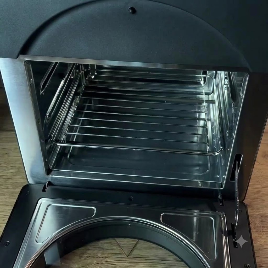 A round baking pan with whole yellow potatoes being placed into an empty oven.