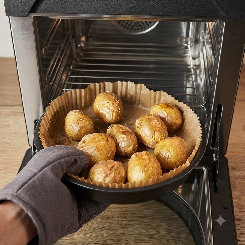 A hand wearing an oven mitt holding a pan of baked potatoes, showing them being pressed flat.