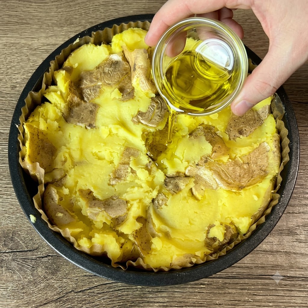 Olive oil being poured from a small glass bowl onto the surface of smashed potatoes in a baking pan.