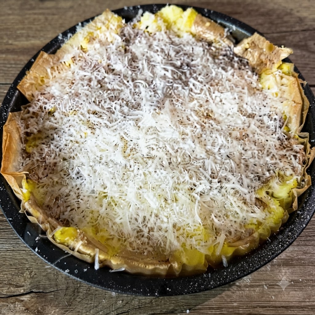 A baking pan filled with smashed potatoes completely covered with a thick layer of freshly grated white cheese.