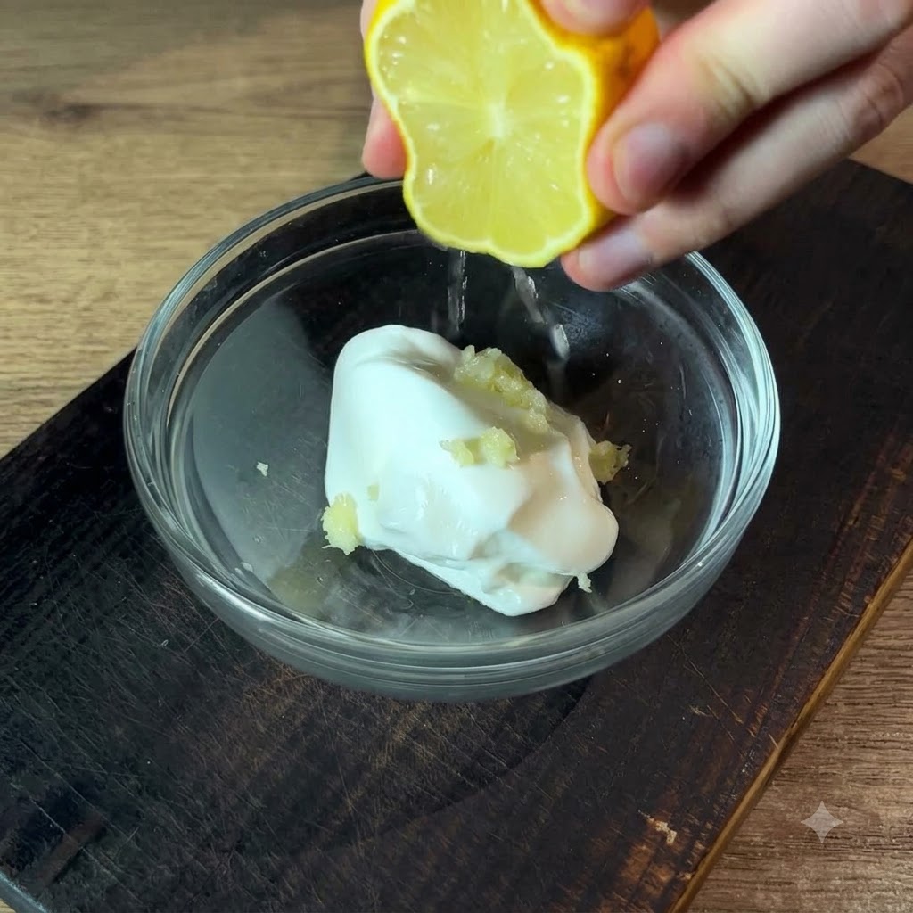 A fresh lemon half being squeezed over a glass bowl containing sour cream and minced garlic.