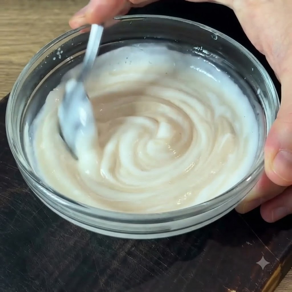 A spoonful of creamy white sauce being spread smoothly across a golden potato crust on a white plate.