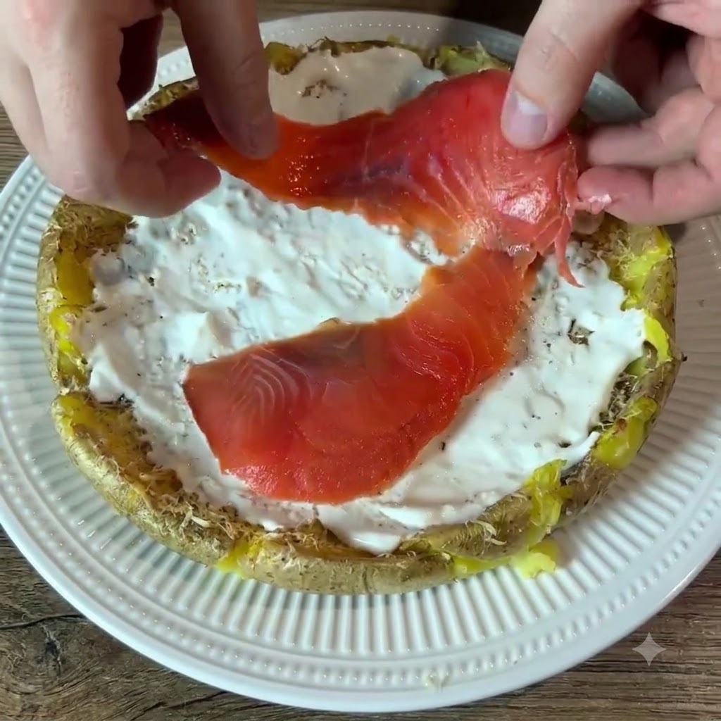 Hands placing bright orange slices of smoked salmon onto a white cream-topped potato crust.