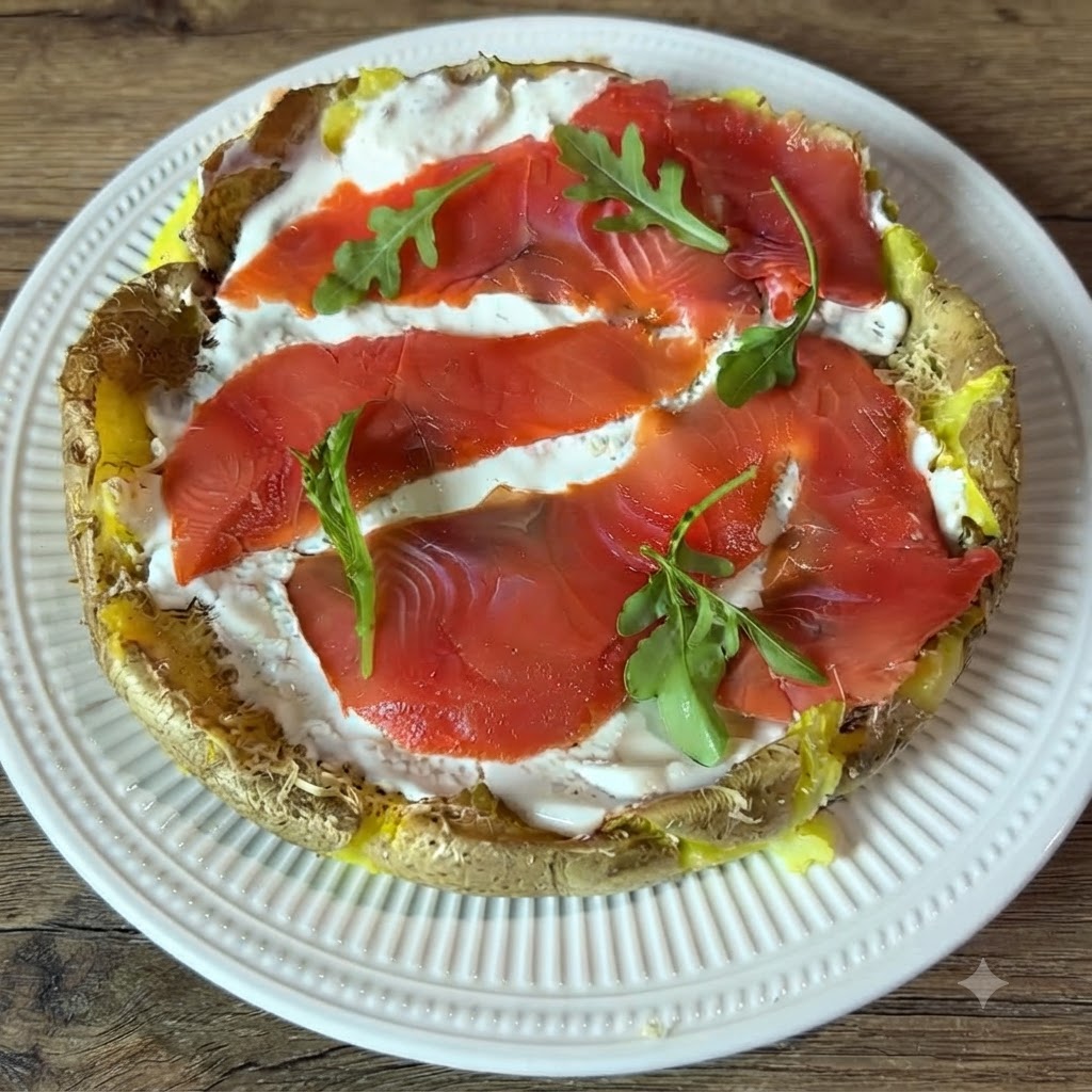 Fresh green arugula leaves being scattered across the smoked salmon and cream layer on a potato pizza.