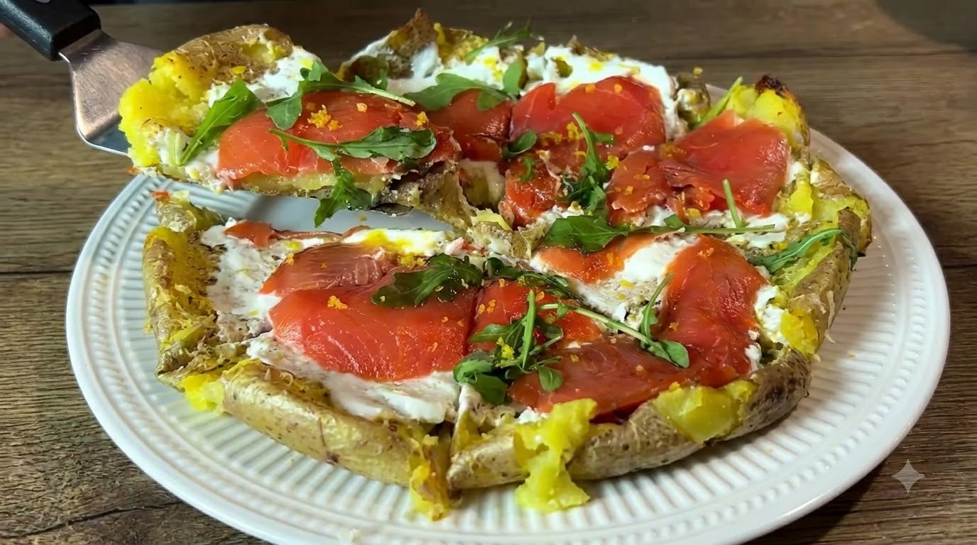 Crispy Smoked Salmon Smashed Potato Pizza
