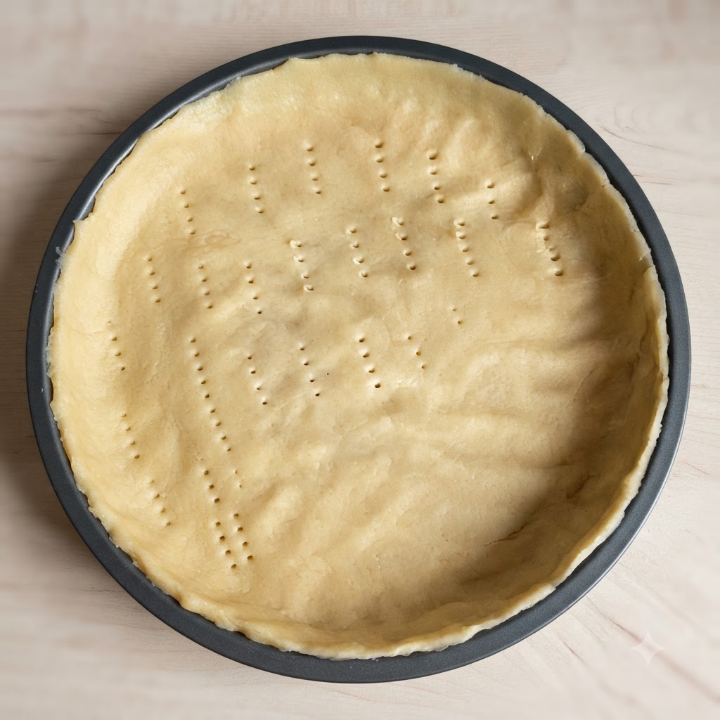 A close-up of a golden round pie crust being pierced with a fork multiple times.