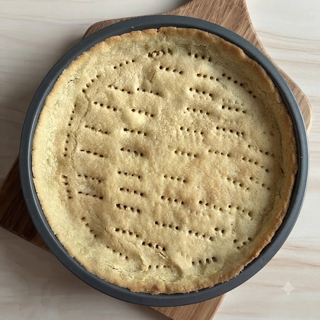 Fresh salmon cubes being arranged inside a pie crust with kitchen tongs.