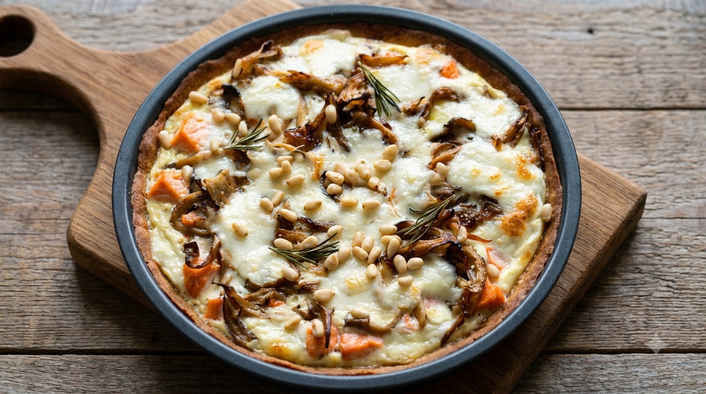 A freshly baked savory salmon and mushroom tart garnished with melted mozzarella, pine nuts, and fresh rosemary sprigs.