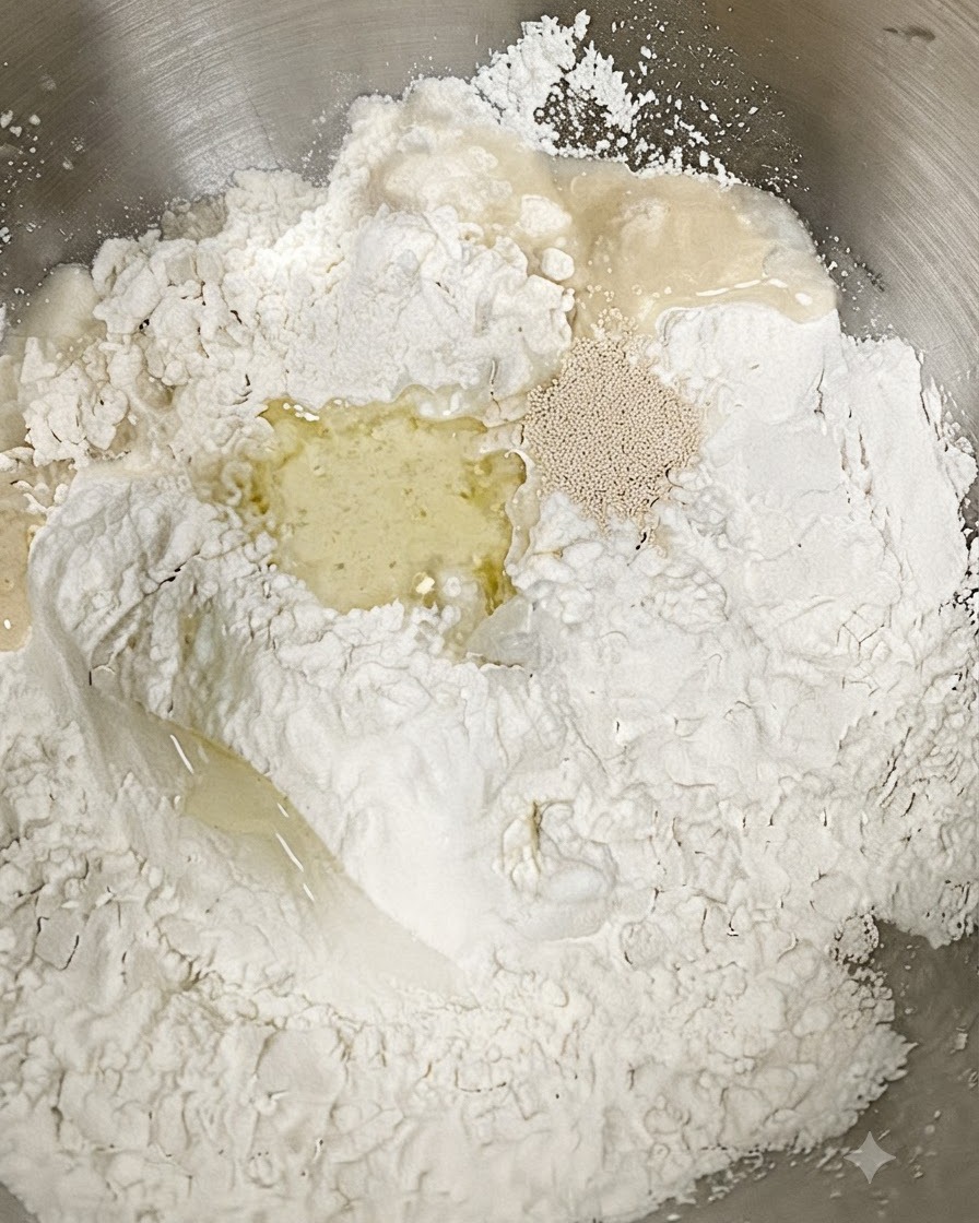 Flour, yeast, water, and olive oil combined inside a metal bowl before kneading.