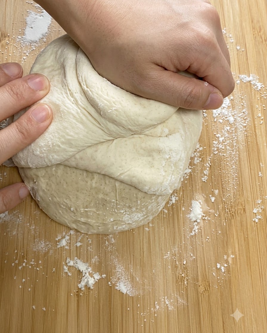 Hands firmly kneading a ball of pizza dough on a wooden cutting surface.