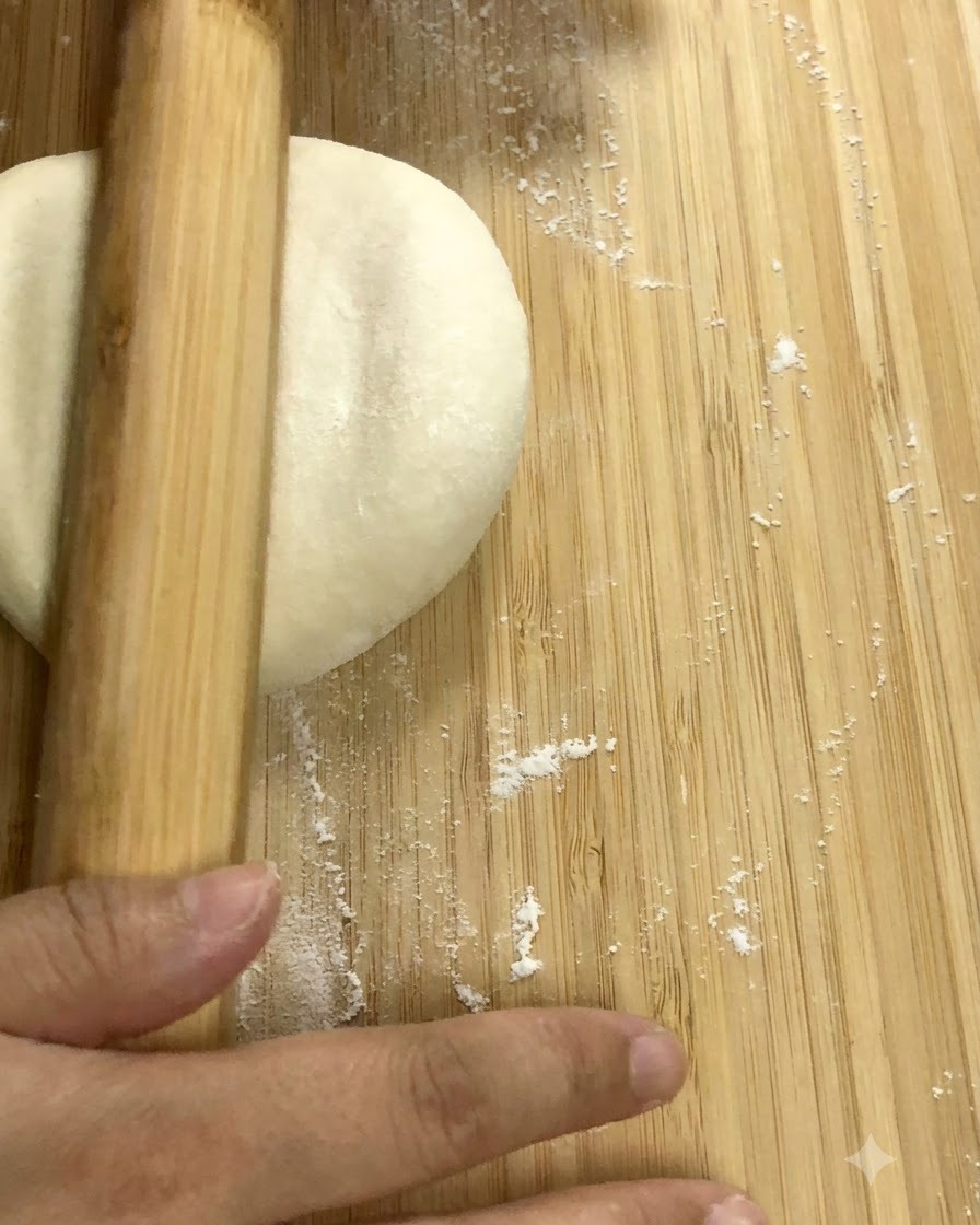 A wooden rolling pin flattening a smooth round piece of dough on a wooden board.