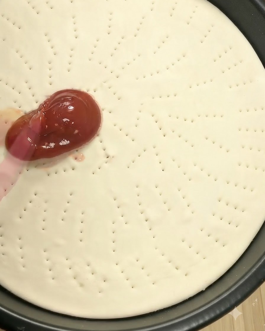 A pink silicone spatula spreading red tomato sauce over the surface of pizza dough.