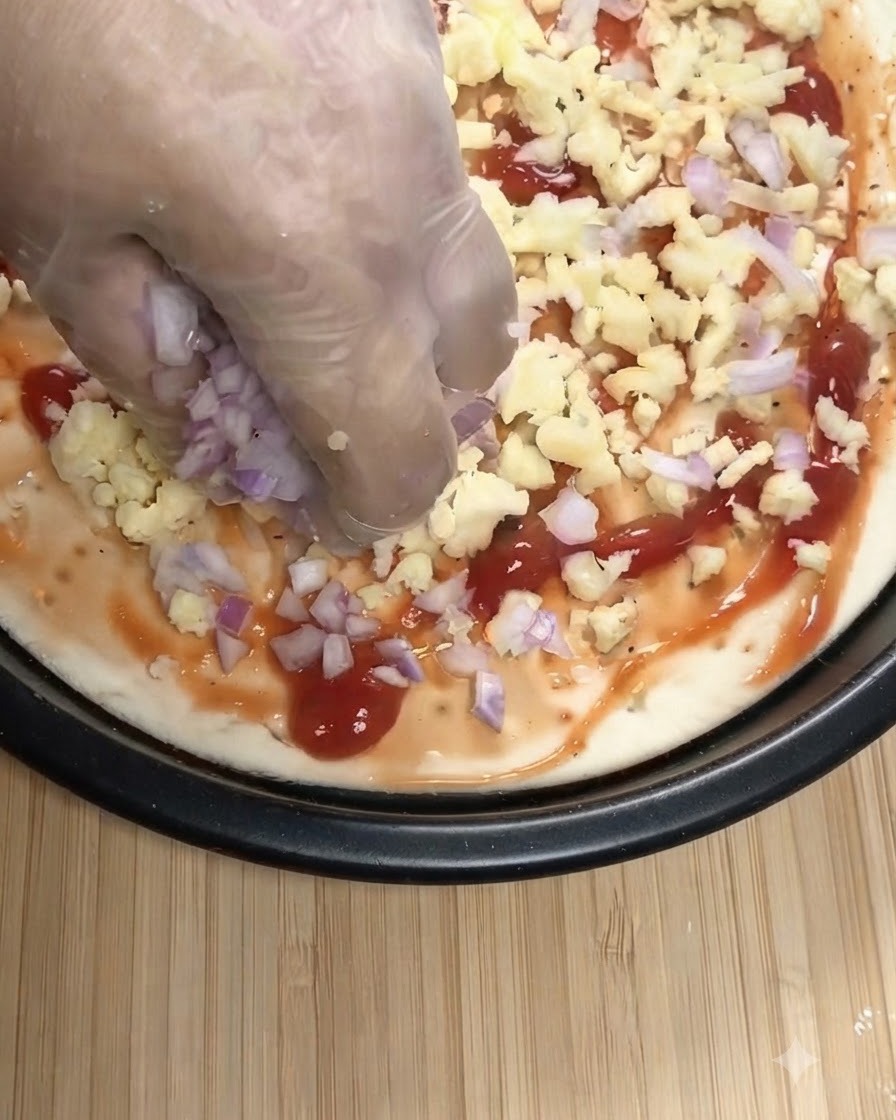 A hand wearing a clear glove sprinkling chopped red onions and grated mozzarella over a pizza base covered in tomato sauce.