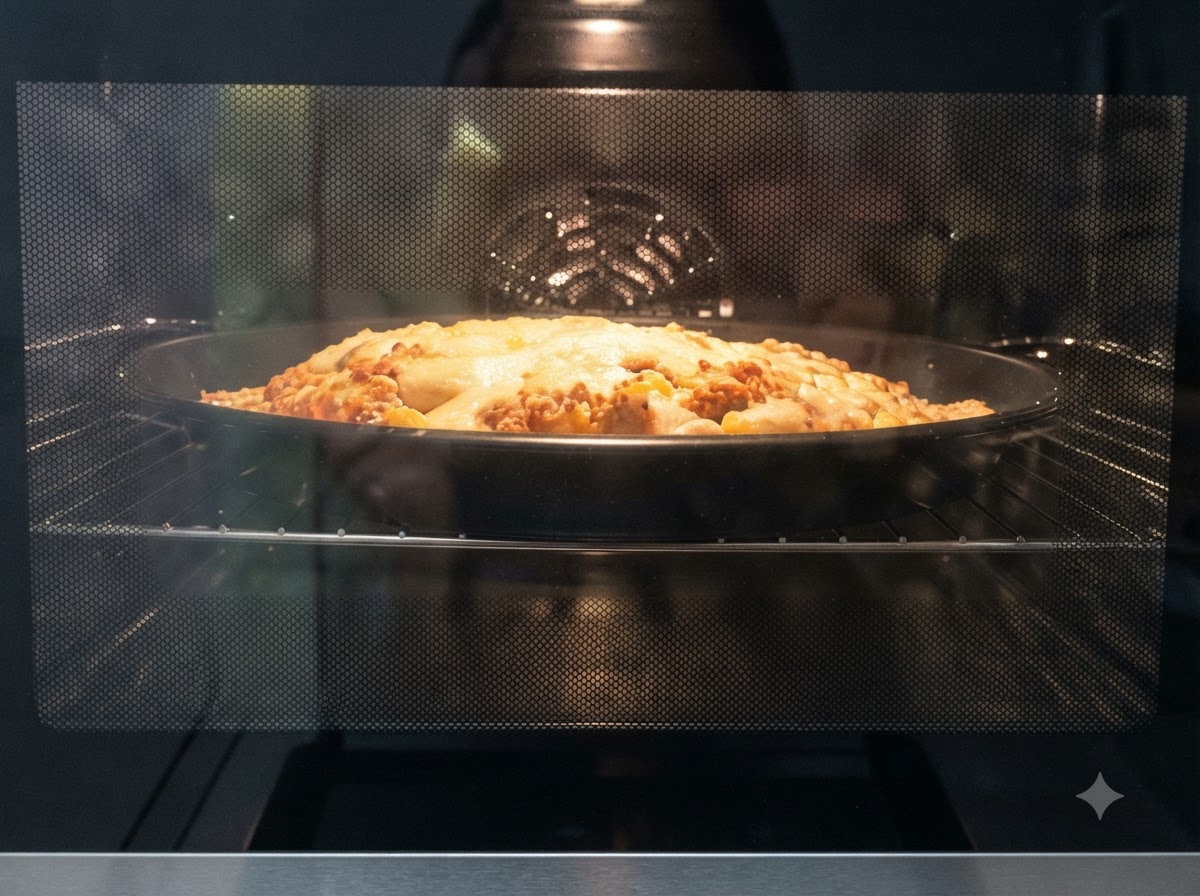 A pizza baking inside an oven with the internal light on, showing the cheese melting and bubbling.