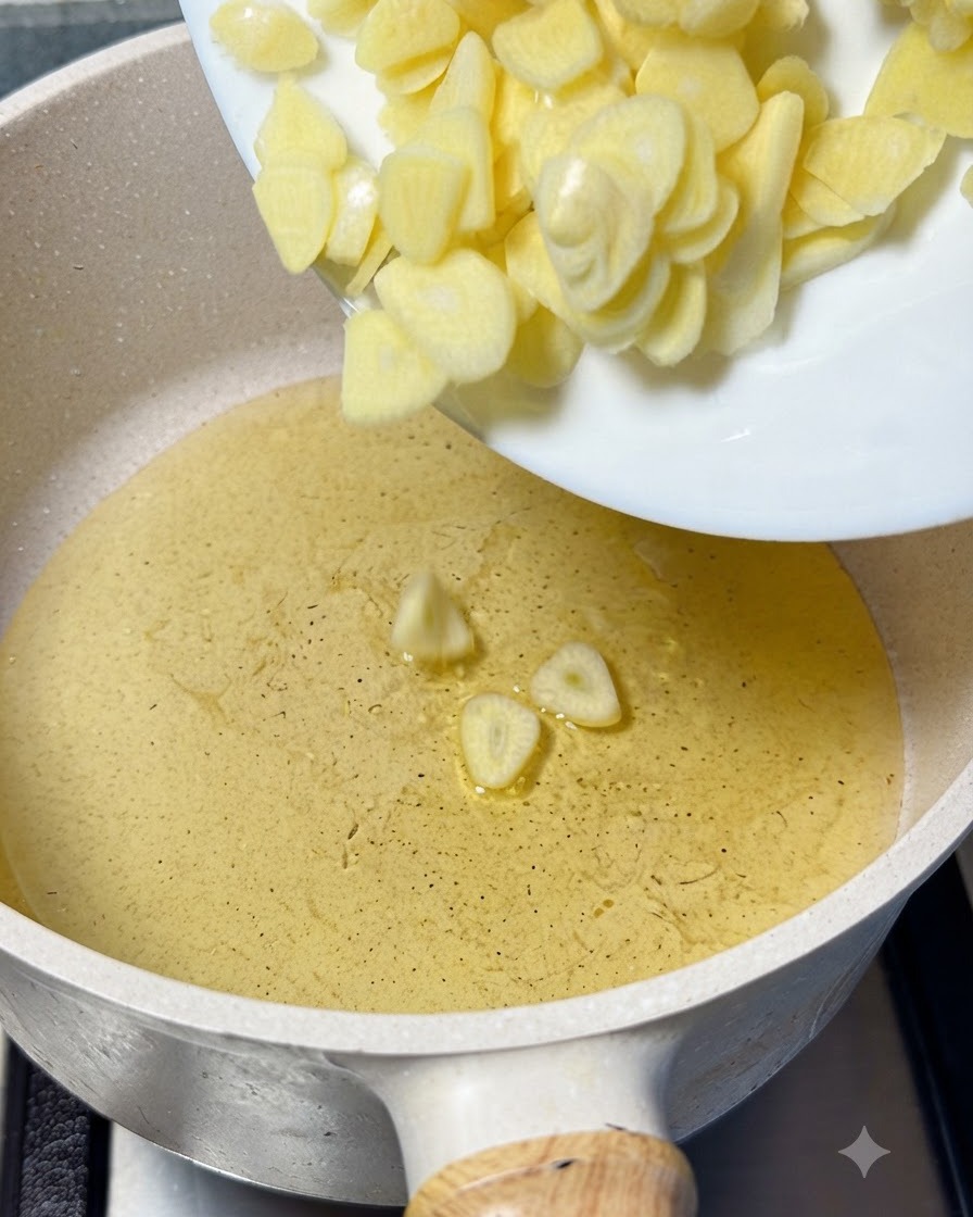 Garlic slices being added to a pot of oil on the stove for frying.