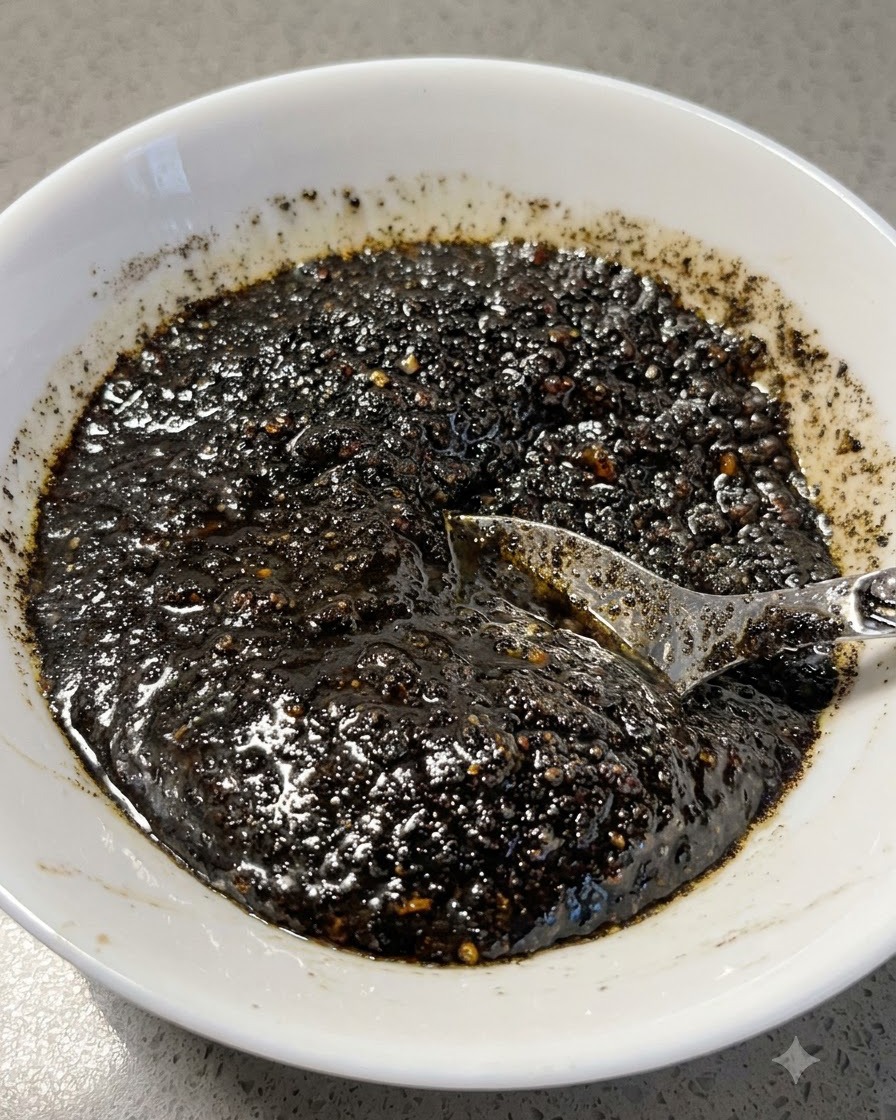 Blended black garlic oil paste sitting inside a white bowl with a spoon.