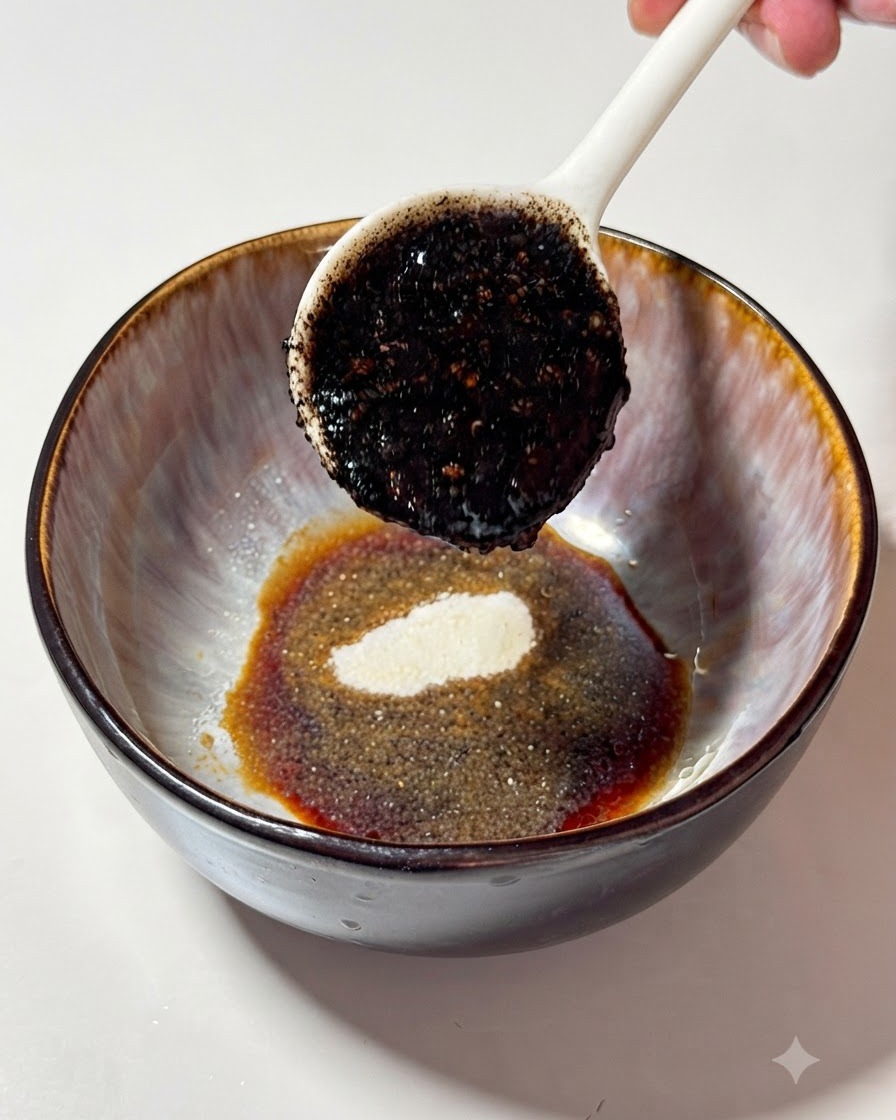 Spoon pouring dark black garlic oil into a bowl containing seasoned soy sauce, garlic powder, and tonkotsu broth.