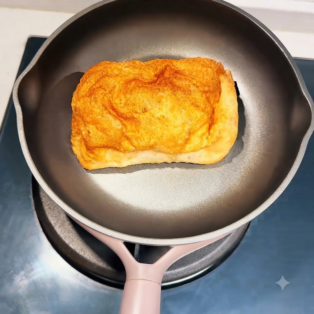 A piece of ciabatta bread resting inside a frying pan on the stovetop.
