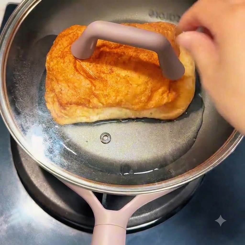 A round package of instant noodles being dropped into boiling water in a cooking pot.
