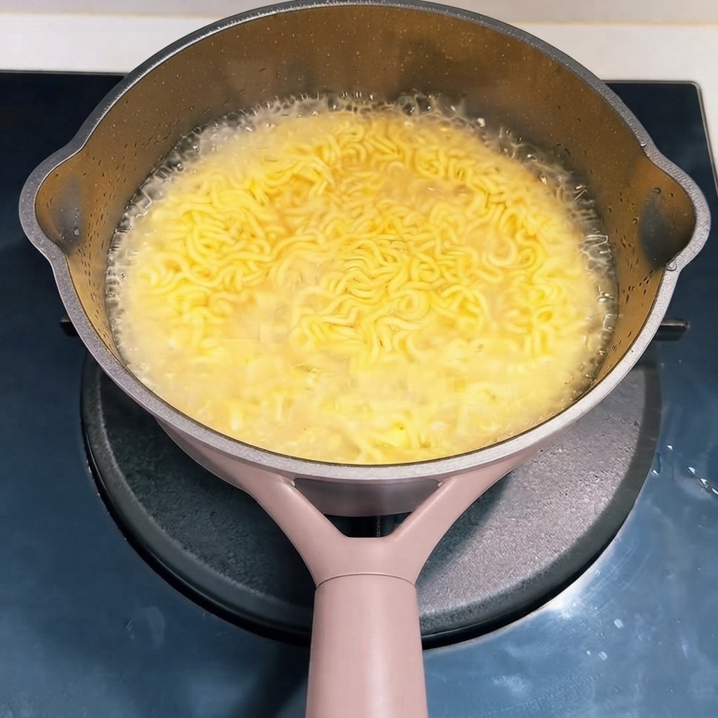 Water being drained from a pot of cooked instant noodles.