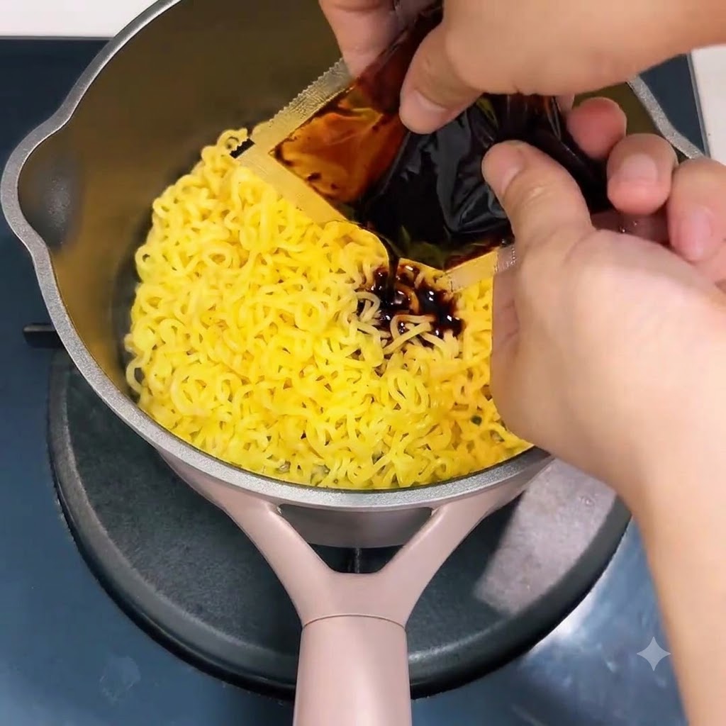 Red buldak sauce being squeezed from a packet directly onto yellow noodles in a pot.