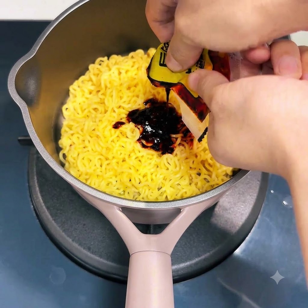 Noodles being mixed with dark red sauce inside a cooking pot.