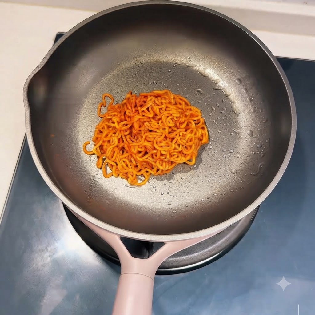 A portion of cooked spicy red noodles neatly spread out in a frying pan.