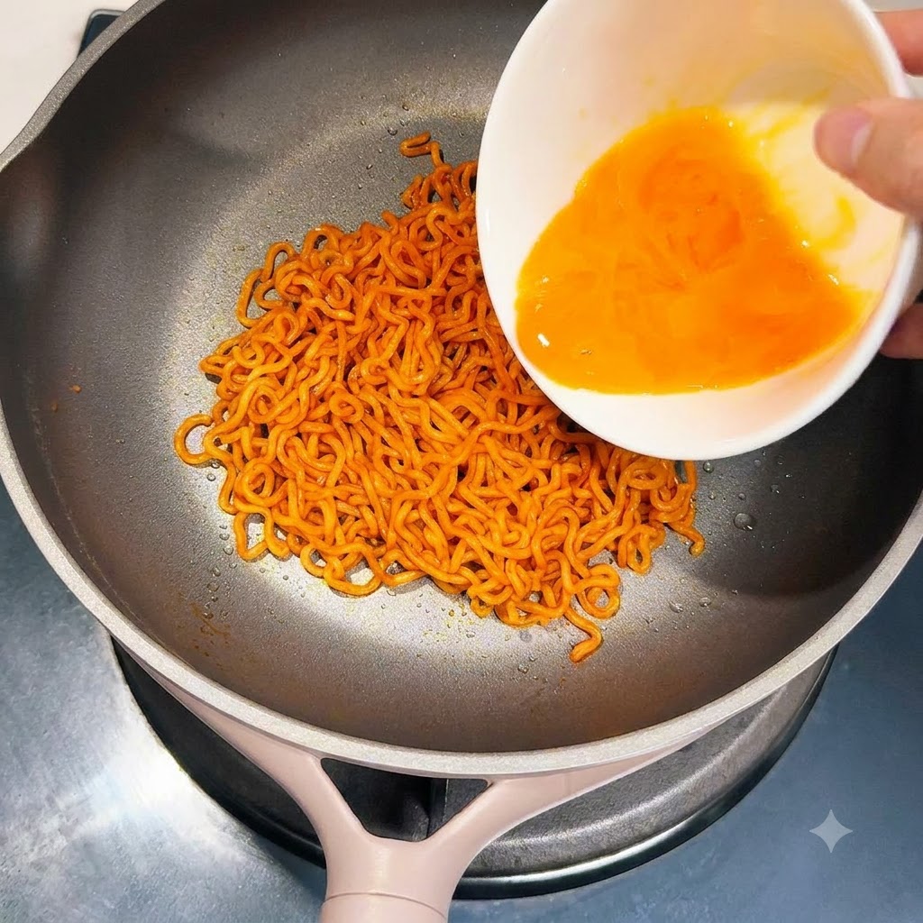 Beaten orange egg liquid being poured from a bowl onto noodles in a frying pan.