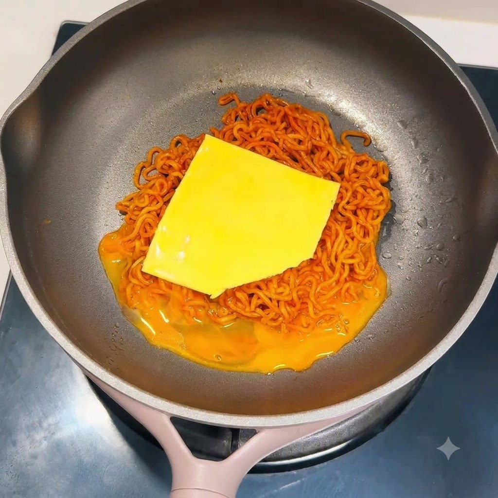 A slice of yellow cheese layered over cooked noodles in a frying pan.