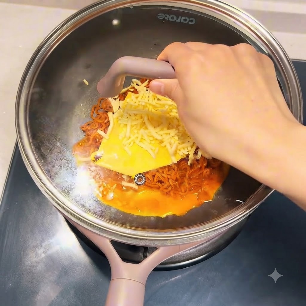 A covered frying pan steaming on the stovetop to melt the cheese.