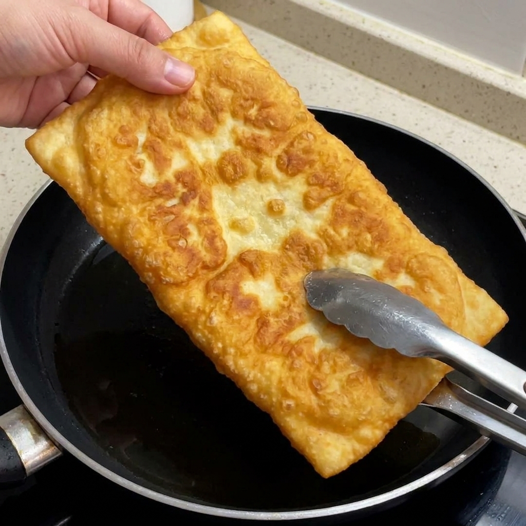 A golden toasted ciabatta bread being sliced open with kitchen scissors.