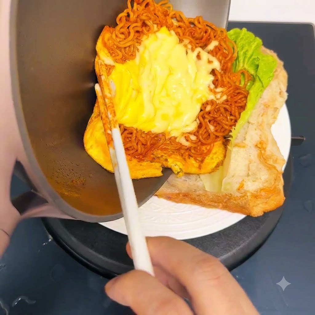 Cheesy noodles and egg being slid from a frying pan into a ciabatta sandwich.