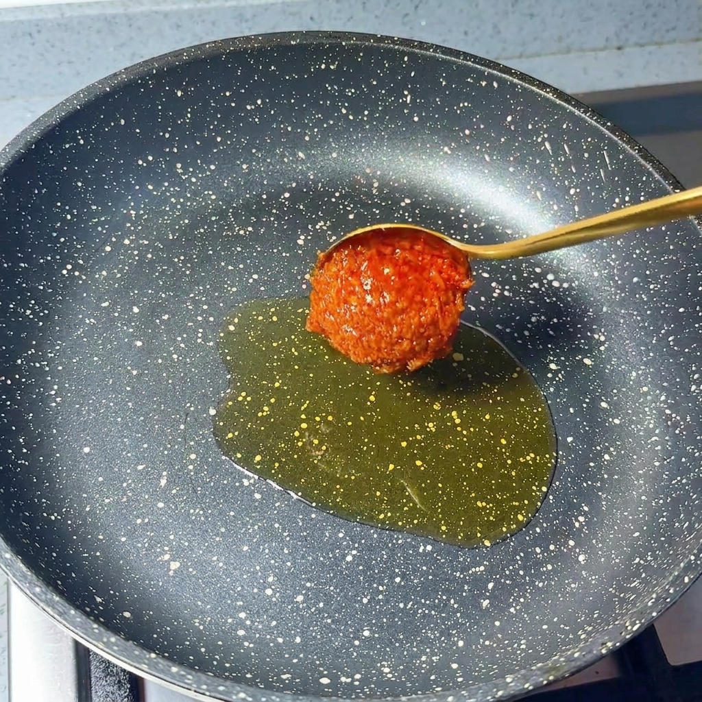 A spoon holding chili powder and minced garlic over a pan with sesame oil.