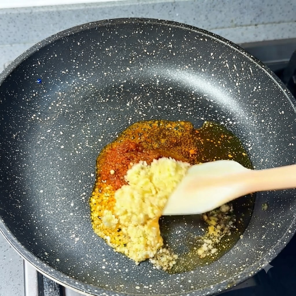 Minced garlic and chili powder being mixed with sesame oil in a frying pan using a spatula.