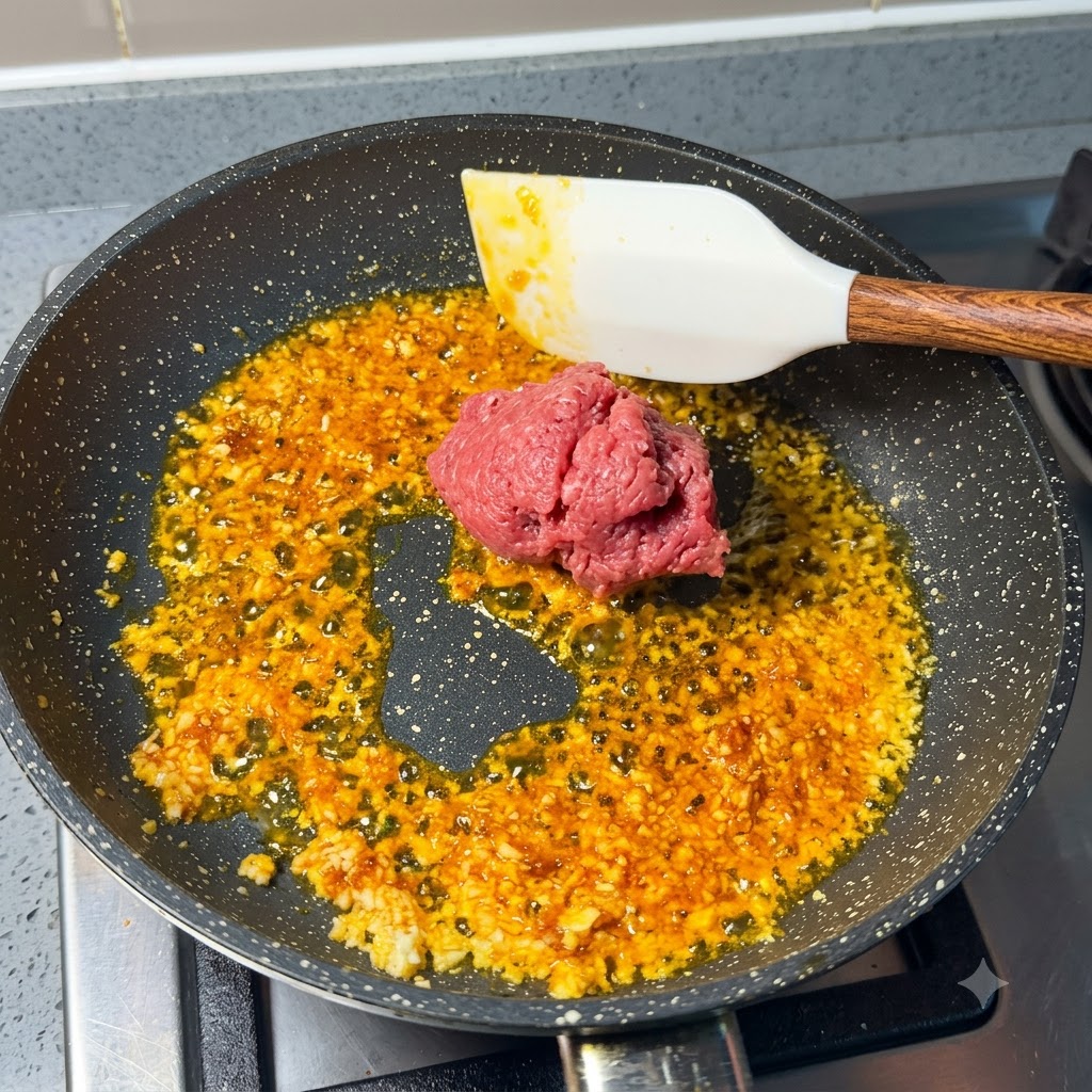 A portion of raw minced pork being placed into the frying pan with garlic and chili oil.