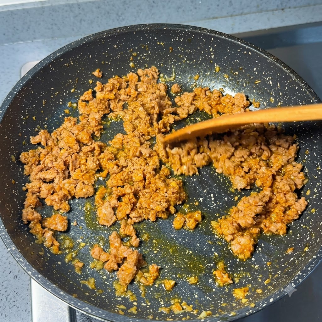 Minced pork being stir-fried and browned in the pan.